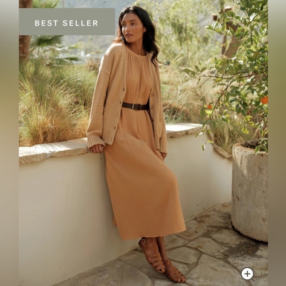 Jenni Kayne Camel Ribbed Knit Maxi Dress with Matching Cardigan